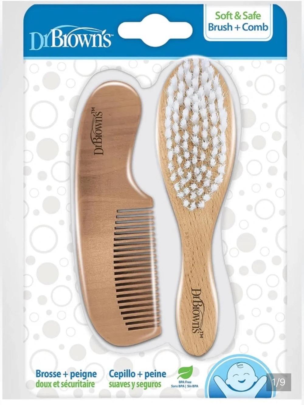 Dr. Brown’s - Baby Brush and Comb Set - Natural Wood & White Bristles